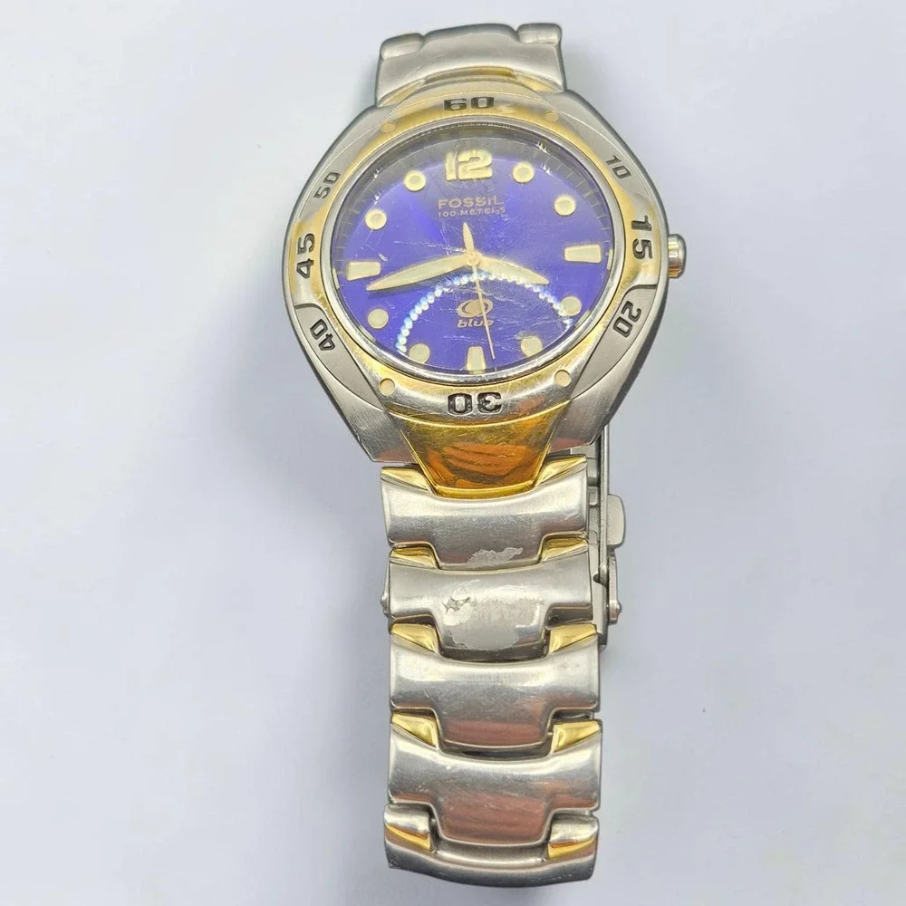 Fossil Blue Watch Mens Two Tone Stainless Steel Blue Dial Y2K Sport Need Battery